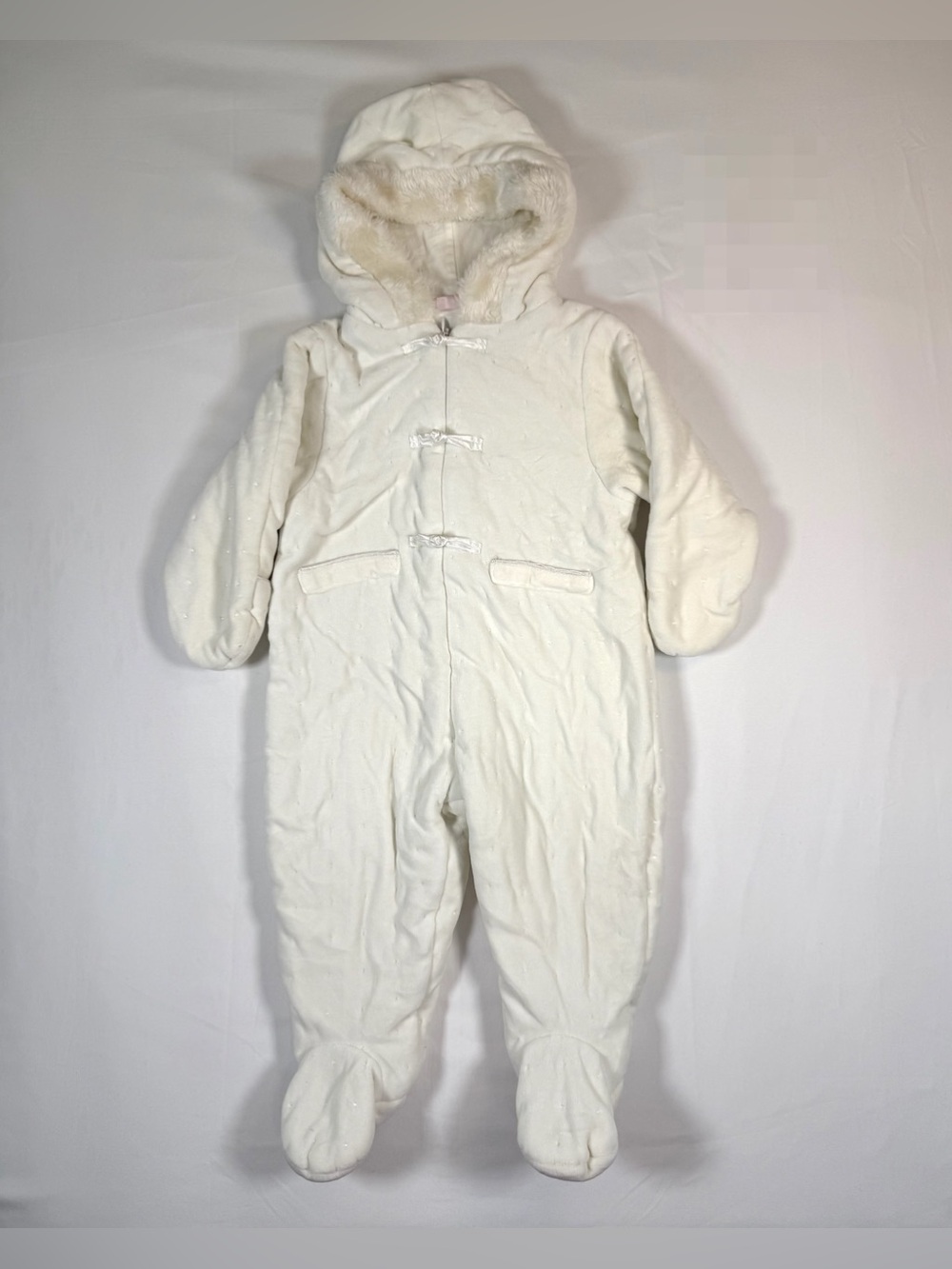 FIRST IMPRESSIONS Baby 12M Hooded Bunting Snowsuit White Faux Fur Footed